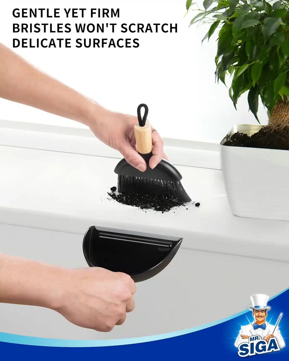 Handkehrschaufel-Set MR.SIGA mit Bambusgriff beim Aufkehren von Schmutz