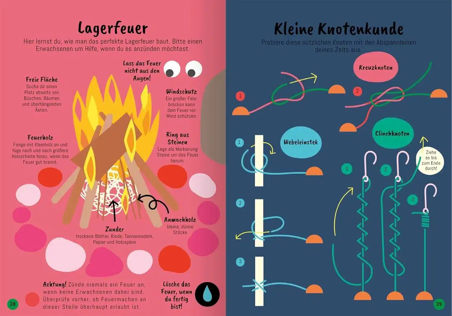 Illustrierte Buchseiten aus 'Mein Camping-Spaß-Buch' mit Erklärungen zum Bau eines Lagerfeuers und zum Binden von Knoten.