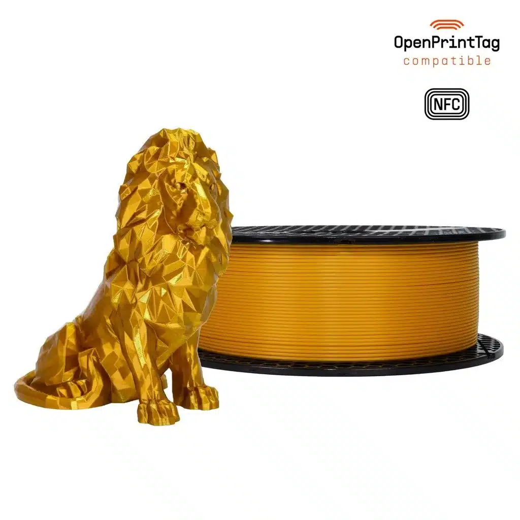 Goldfarbenes 3D-Drucker-Filament neben gedruckter geometrischer Löwenfigur