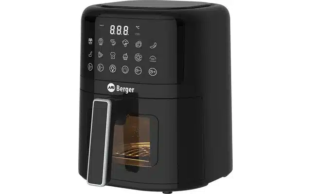 Schwarze AM Berger digitale Heißluftfritteuse mit großem Touchdisplay und Sichtfenster, ideal für Campingküchen.
