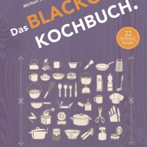 Buchcover von 'Das Blackout-Kochbuch' mit Utensilien und Rezept-Hinweis