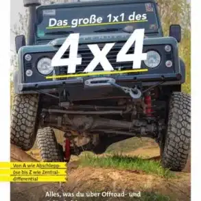 Buchcover von 'Das große 1x1 des 4x4' mit einem Geländewagen in Aktion