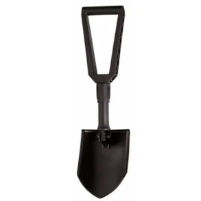 Fiskars Klappspaten in ausgeklappter Form, schwarzes Werkzeug mit D-Griff