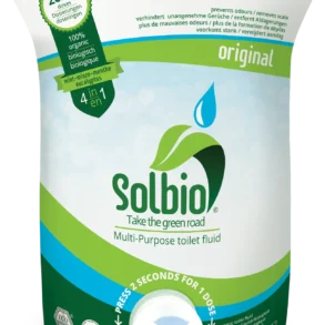 Verpackung von Solbio Original, einem biologisch abbaubaren Sanitärzusatz für Campingtoiletten.