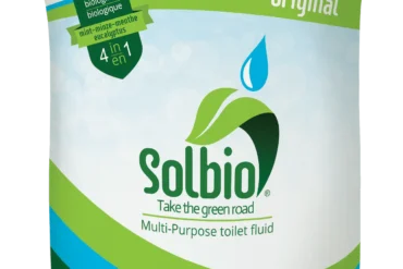 Verpackung von Solbio Original, einem biologisch abbaubaren Sanitärzusatz für Campingtoiletten.