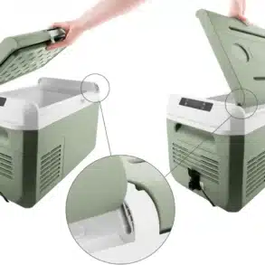 Die Berger EPL Kompressor Kühlbox mit geöffnetem, abnehmbarem Deckel und Digitalanzeige.