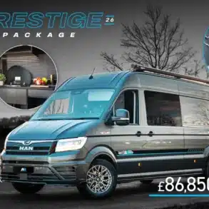 Der MAN TGE 180 AB Race Cruiser Prestige Package – Außenansicht mit Detailaufnahmen von Innenausbau, Küche, Garage und Fahrerhaus.