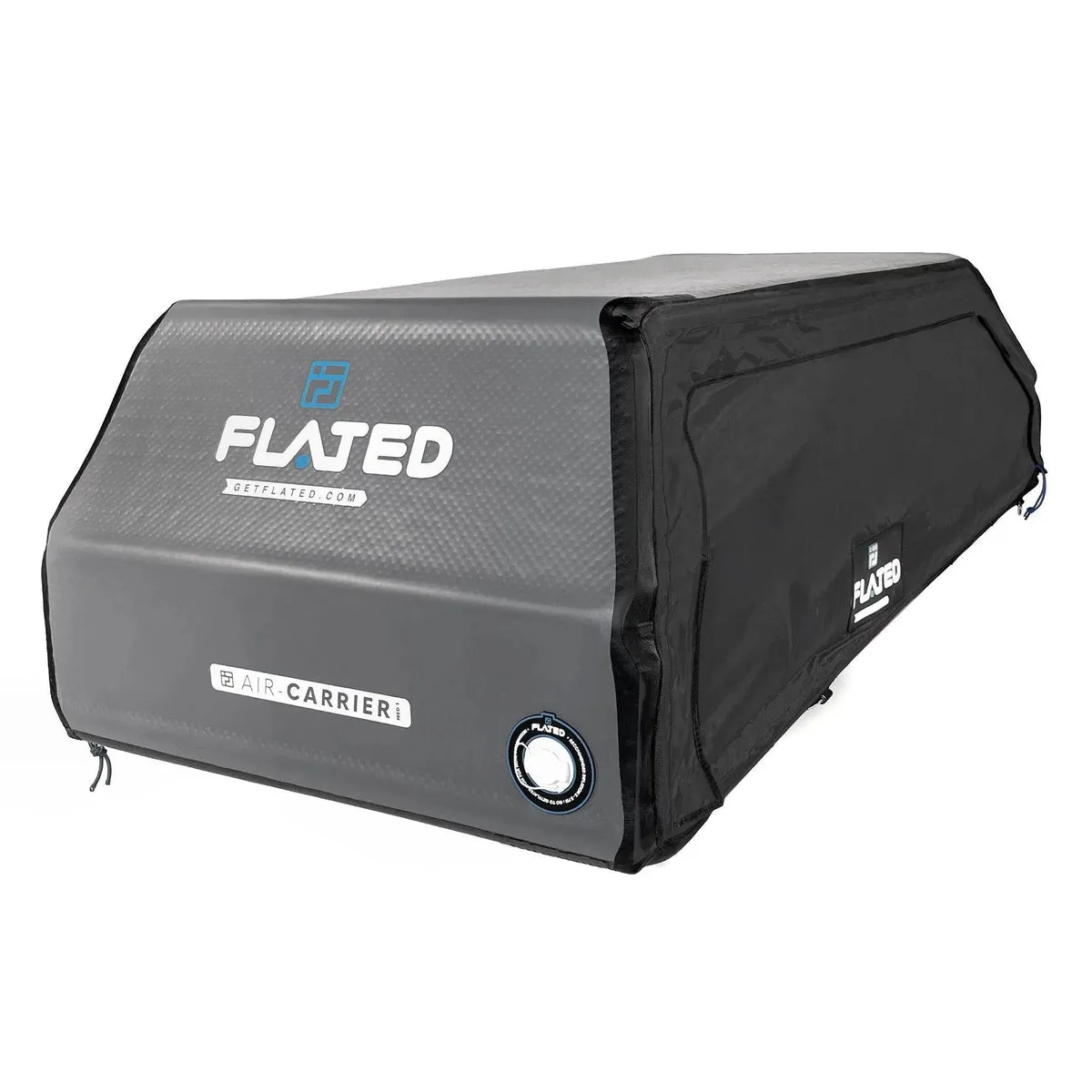 FLATED SPORT CARRIER15 als aufblasbarer schwarzer Dachgepäckträger, Produktansicht vor weißem Hintergrund