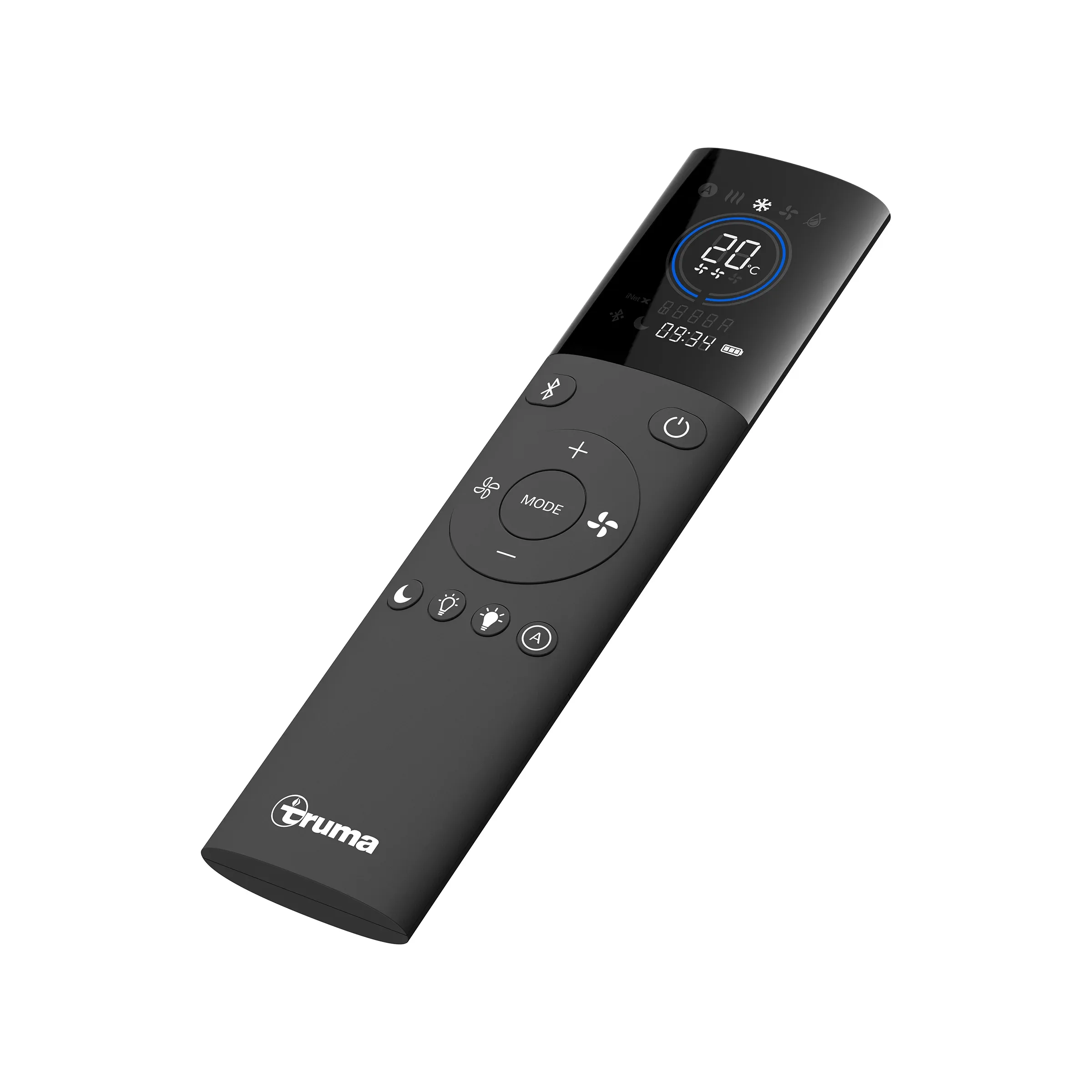 Schwarze Fernbedienung der Truma Aventa comfort 2. Generation mit Display und verschiedenen Bedienelementen