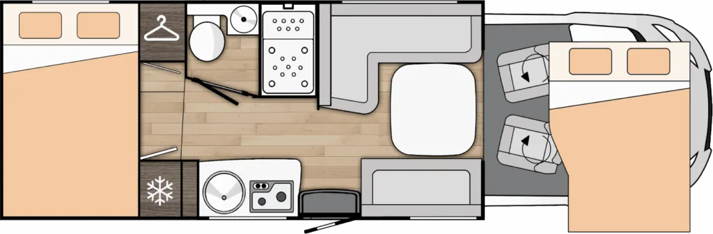 Grundriss des Benimar Tessoro T444 Wohnmobils mit Betten, Küche, Bad und Wohnbereich