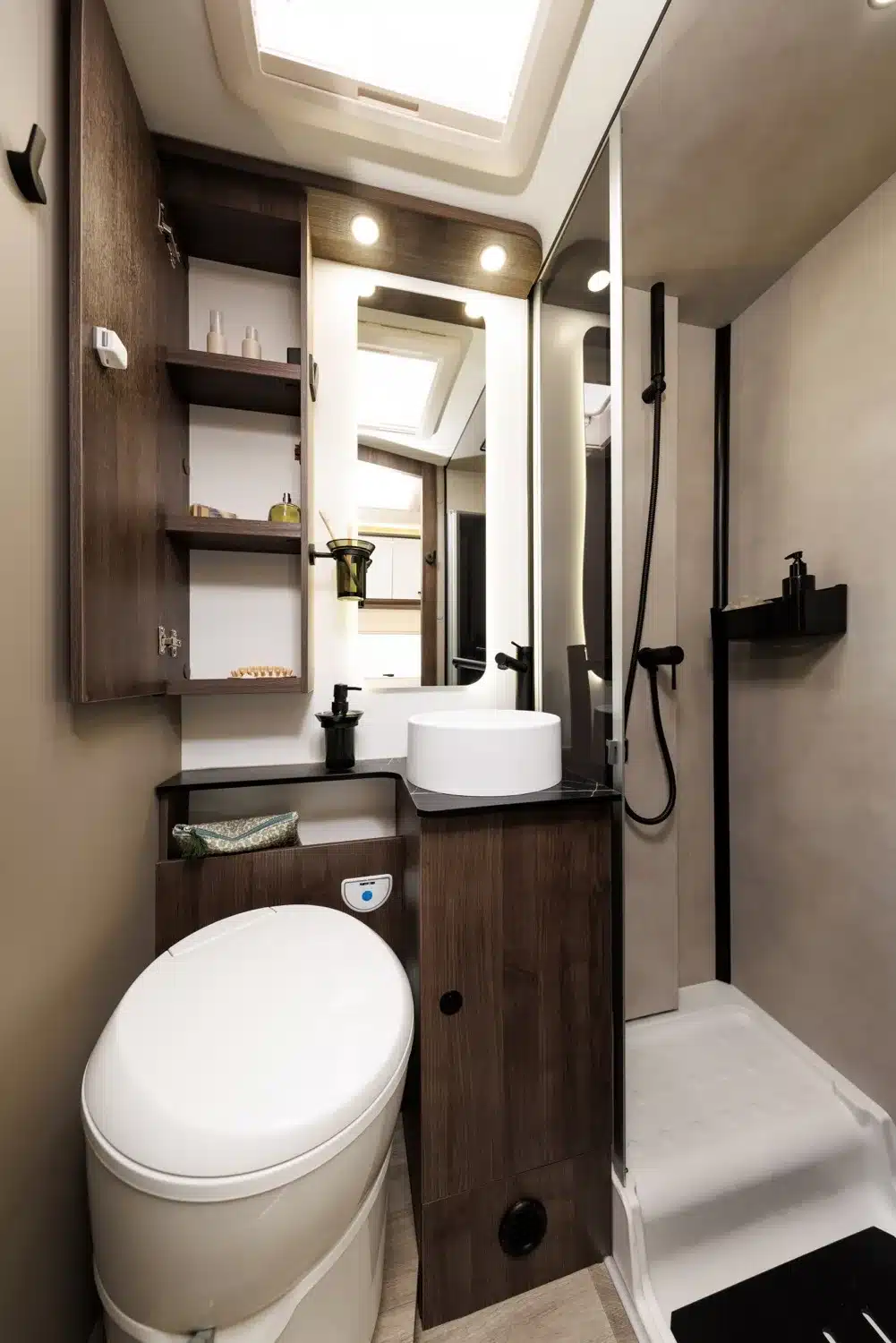 Innenansicht des Badezimmers im Benimar Tessoro T444 mit Toilette, Waschbecken und Dusche.