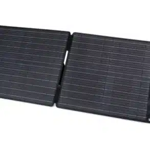 Faltbares Berger XT Solarpanel für Camping mit blauem Griff, vollständig aufgeklappt.