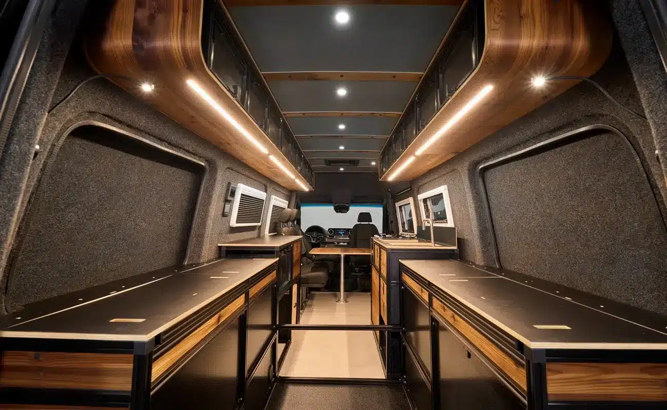 Moderner, geräumiger Innenausbau eines Campervans mit flexiblen Möbeln und Stauboxen