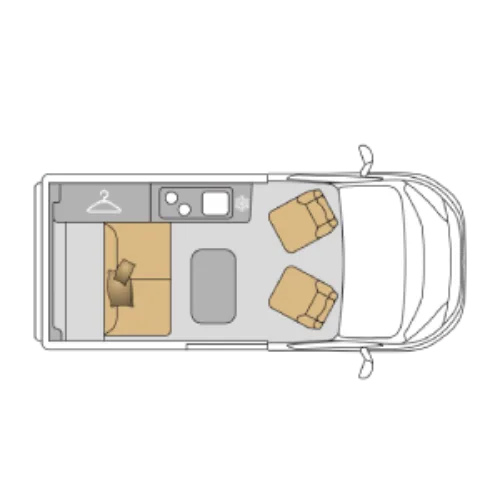 Grundrissdarstellung des Mooveo Campervan 2 mit allen wichtigen Bereichen