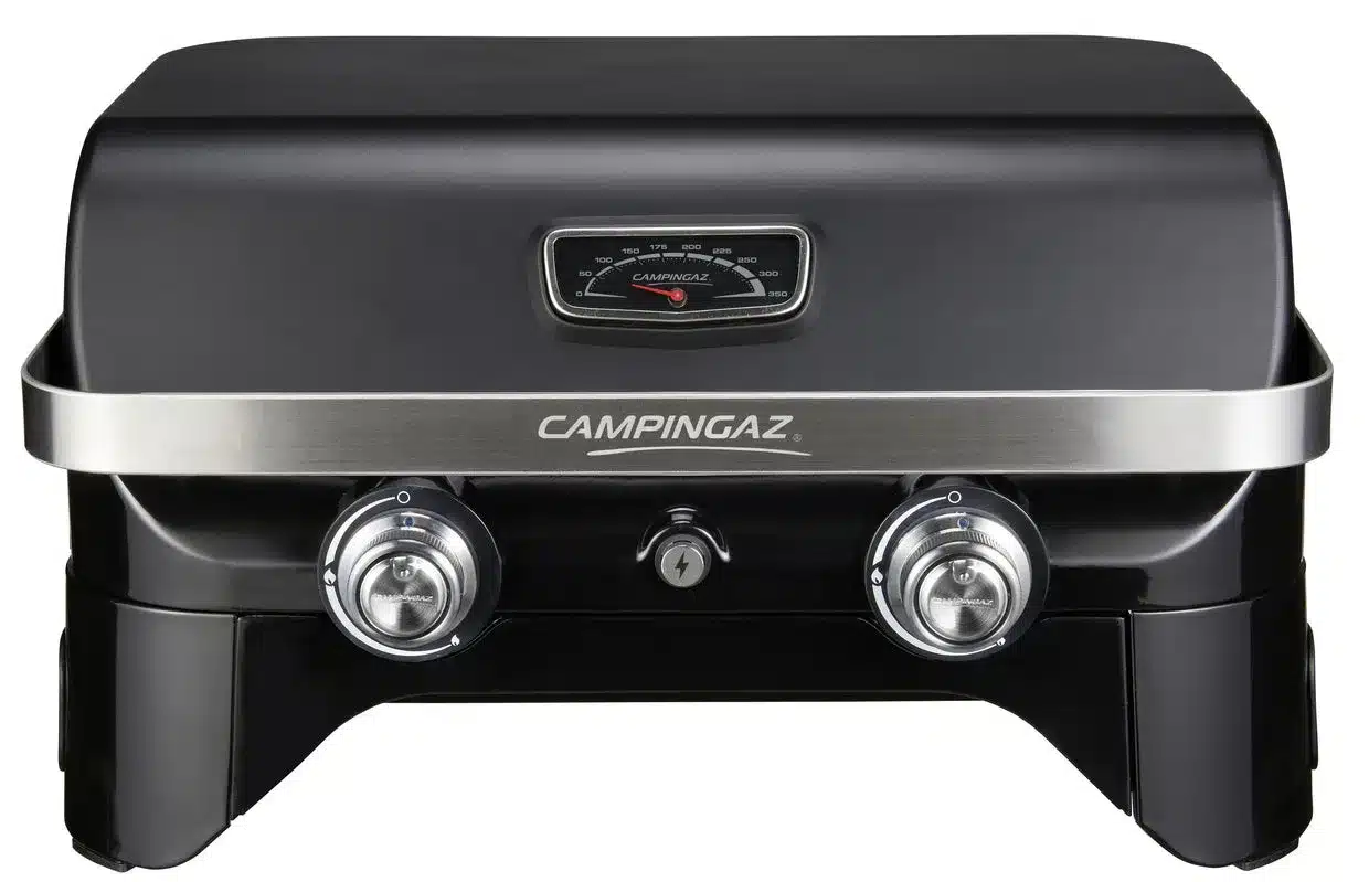 Campingaz Attitude 2100 LX Gas Tischgrill in schwarzem Design mit zwei Drehreglern und integriertem Thermometer