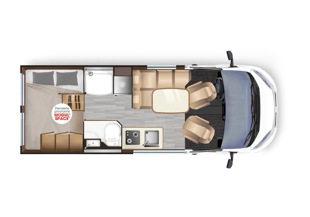 Grundrisszeichnung des Dreamer Camper Van XL Saphir Kastenwagens mit Wohnraum, Küche, Bad und Schlafplätzen