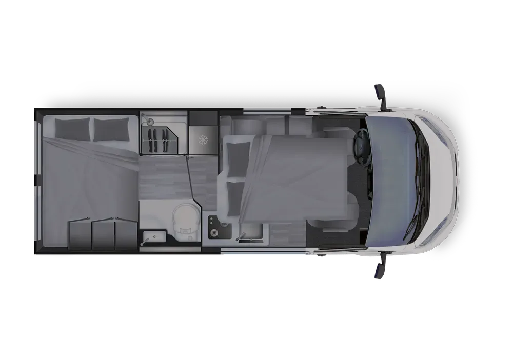 Grundriss des Dreamer Camper Van XL Saphir mit Schlaf-, Wohn-, Küchen- und Badbereich