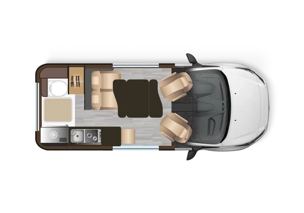 Grundrisszeichnung des Dreamer Cap Land Campervans mit Wohn- und Schlafbereich.