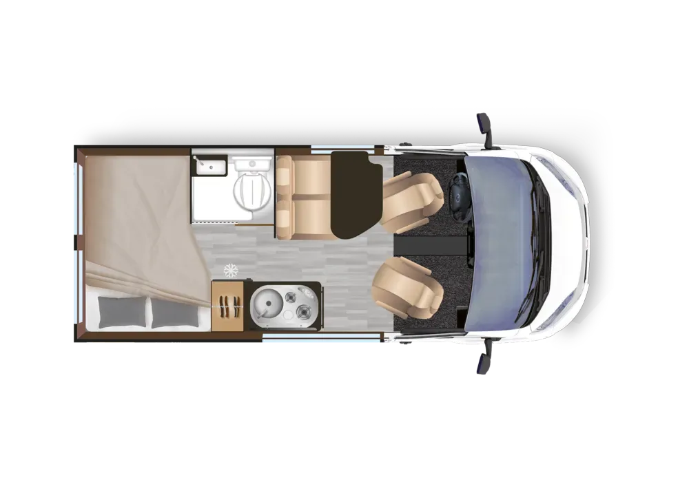 Grundriss des Dreamer D43 UP Kastenwagens mit Schlafplätzen, Küche, Bad und Sitzplätzen.