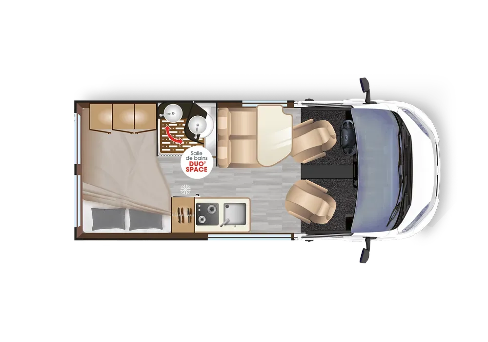 Grundriss des Dreamer D43 UP Select Campervans mit Aufteilung von Bett, Küche, Bad und Sitzgruppe.