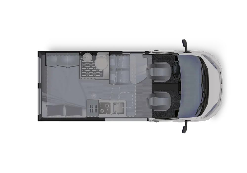 Draufsicht-Grundriss des Dreamer D43 UP Select Kastenwagens mit erkennbaren Wohnbereichen, Sitzplätzen und Stauraum.