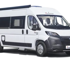 Seitenansicht des Dreamer D55 Kastenwagens mit Markise, Kompaktgröße und modernen Designelementen.