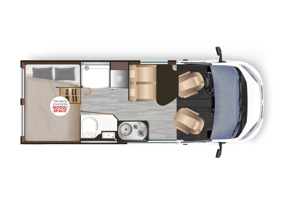 Grundriss des Dreamer D55 mit festem Heckbett, Bad, Küche und Sitzgruppe