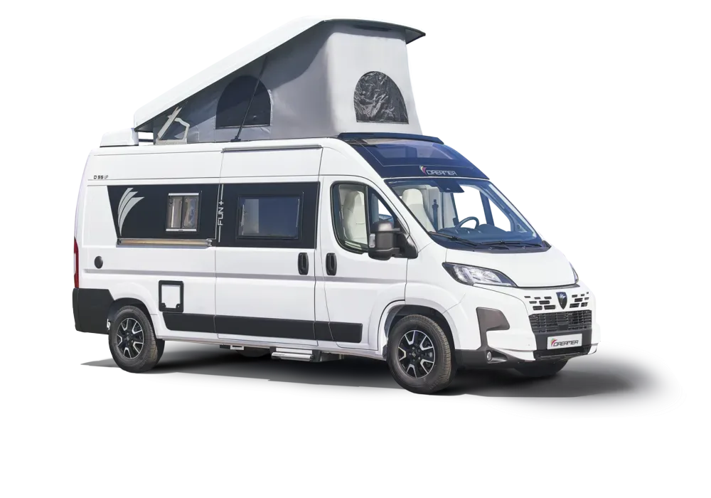 Dreamer D55 UP Kastenwagen mit geöffnetem Aufstelldach von der Seite