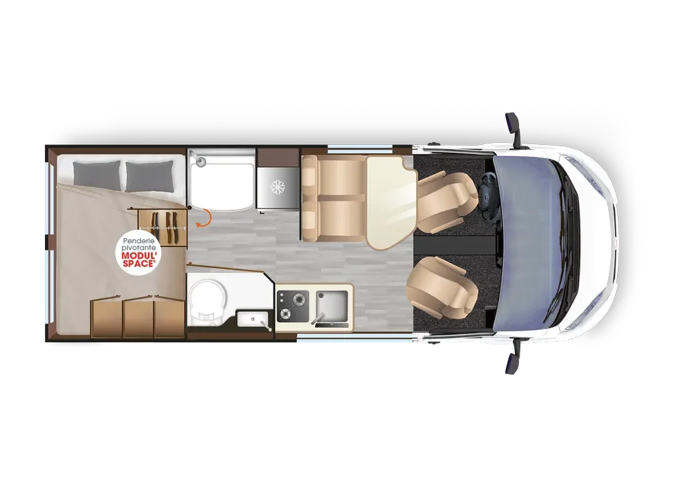 Grundrisszeichnung des Dreamer D55 Kastenwagens mit Wohnbereich, Bad, Küche und Modul'Space-Kleiderschrank