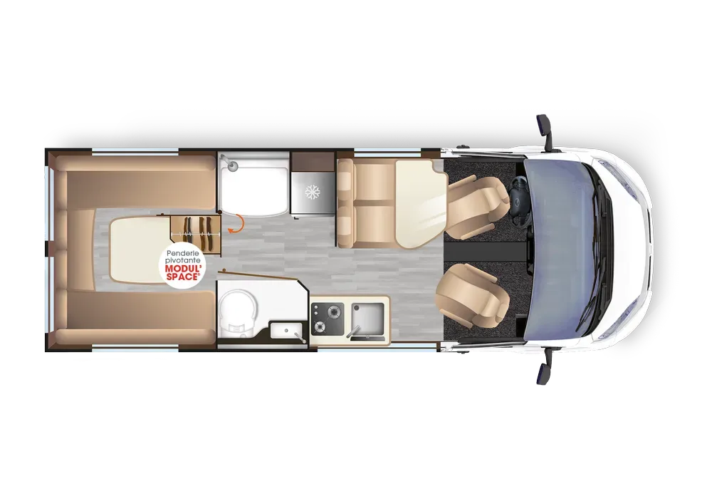 Grundriss des Dreamer Living Van von oben mit Wohnbereich, Küche, Bad und Fahrerhaus.