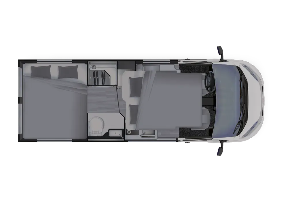 Grundriss und Innenaufteilung des Dreamer Living Van als Draufsicht
