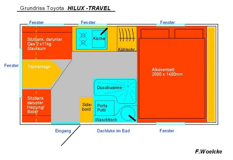 Grundriss der Wohnkabine des Toyota Hilux TRAVEL mit Alkovenbett, Küche, Sitzgruppe, Bad und Stauraum