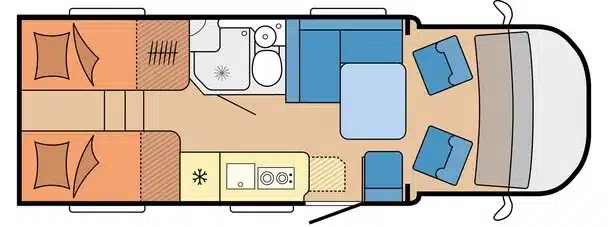 Grundriss Hobby PRESTIGE T 2027 mit Schlaf-, Wohn- und Badbereich