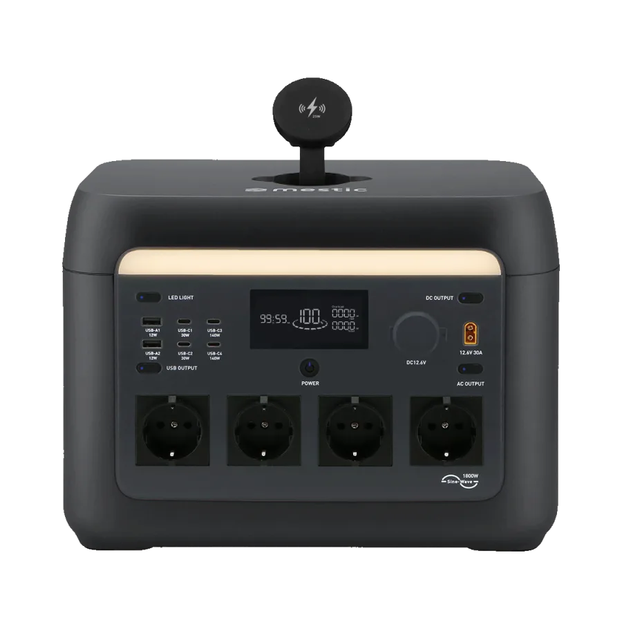 Mestic MPS-1800x Powerstation mit vier Steckdosen, verschiedenen USB-Anschlüssen und LCD-Display – ideal für Camping und Vanlife.