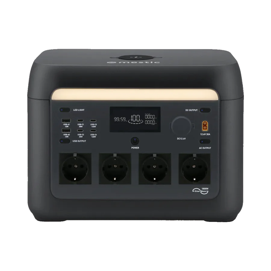 Frontansicht der Mestic Powerstation MPS-1800x mit vier Steckdosen, LCD-Display und vielfältigen Ladeanschlüssen.