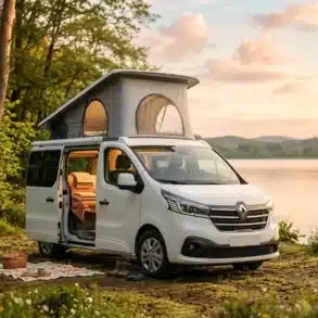 Weißer Campervan mit geöffnetem Aufstelldach steht an einem See im Wald