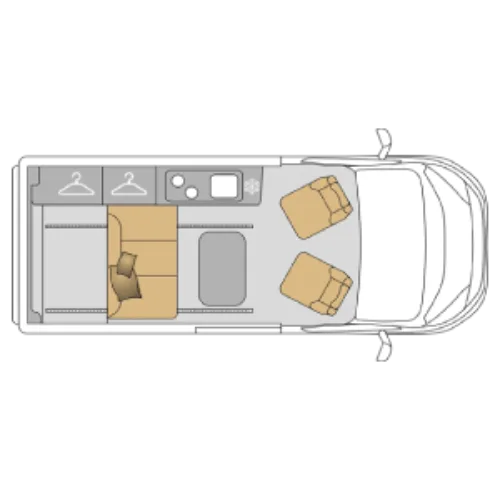 Grundriss des Mooveo Campervan 3XL mit Sitzgruppe, Küche, Schlafbereich und Fahrerhaus