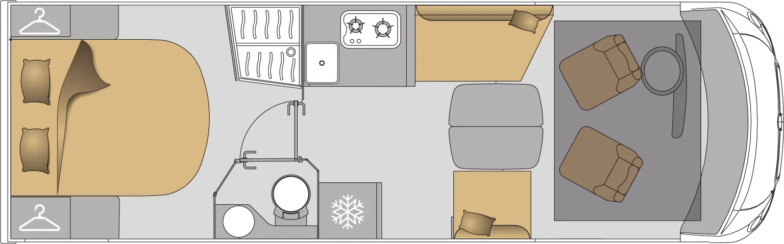 Grundrissdarstellung des integrierten Wohnmobils MOOVEO INT 74QBFA mit Wohnbereich, Küche, Bad und Queensbett.