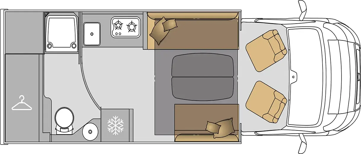 Schematischer Grundriss des MOOVEO TEI 70DH Wohnmobils mit eingezeichneten Wohnbereichen, Küche, Bad und Sitzplätzen.