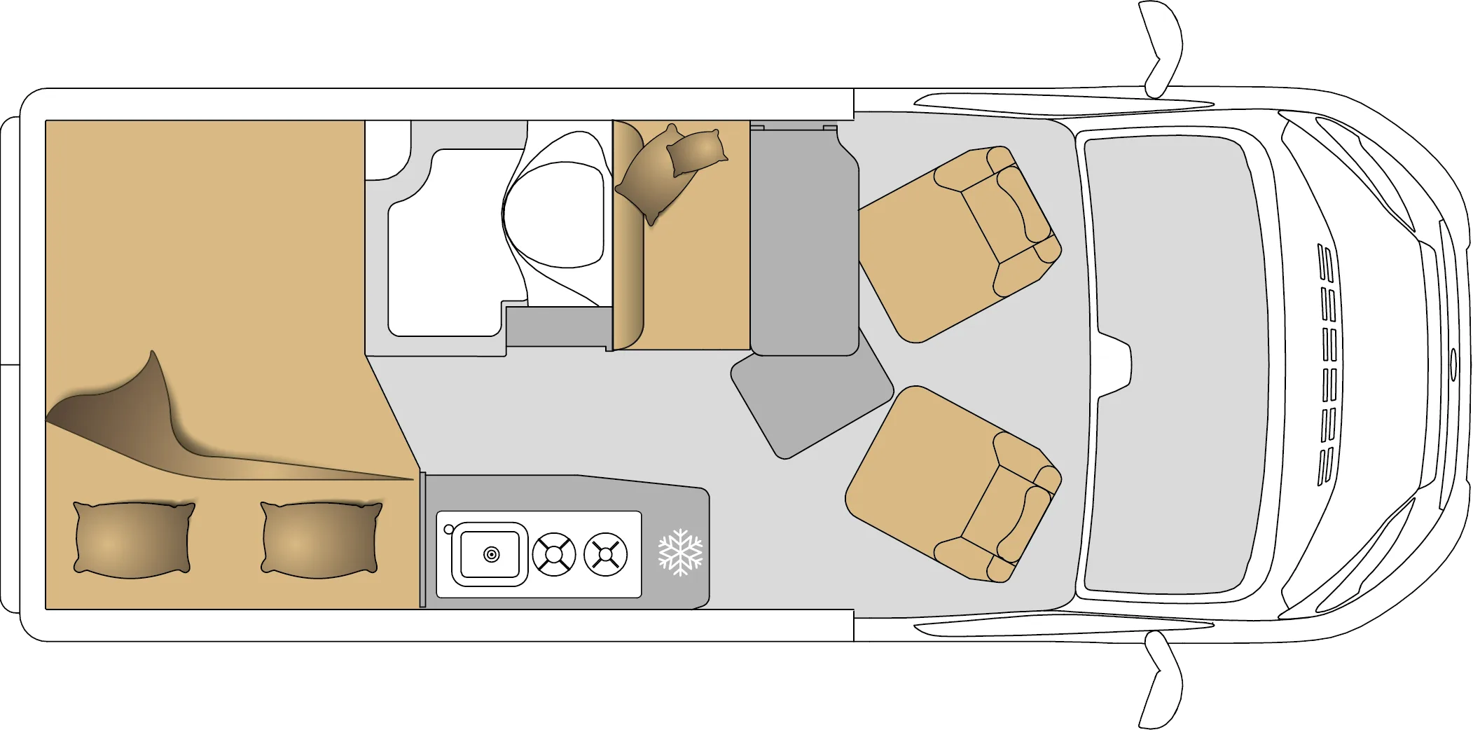 Grundrissdarstellung des MOOVEO VAN 54DB mit Schlafplatz, Sitzgruppe, Küche und Bad