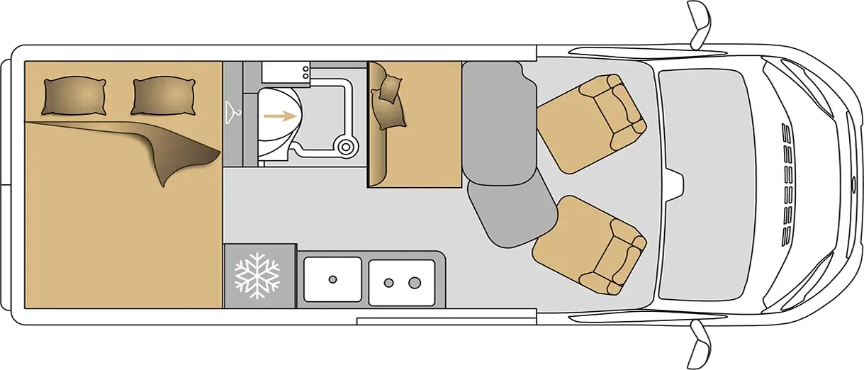 Grundriss des MOOVEO VAN 60DB mit Doppelbett, Bad, Küchenzeile und Sitzplätzen