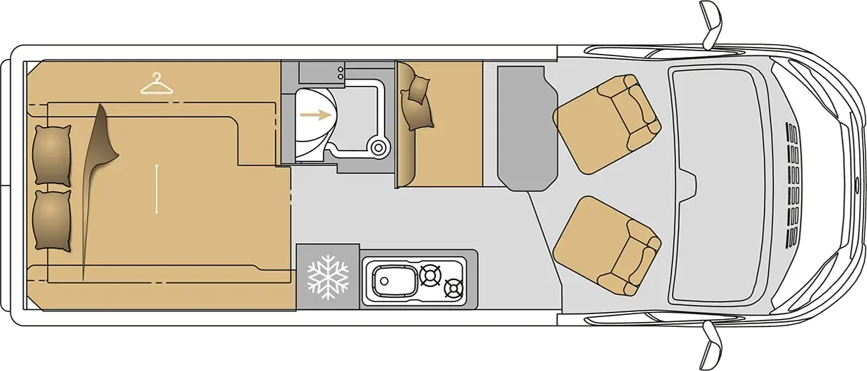 Detaillierter Grundriss des MOOVEO VAN 63XL mit Wohnbereich, Schlafplatz und Stauräumen