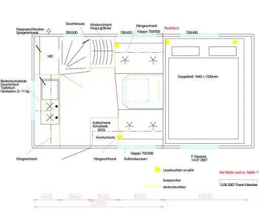 Grundrisszeichnung der Wohnkabine für einen Nissan Navara Pickup mit WC, Küche, Doppelbett und Stauraum