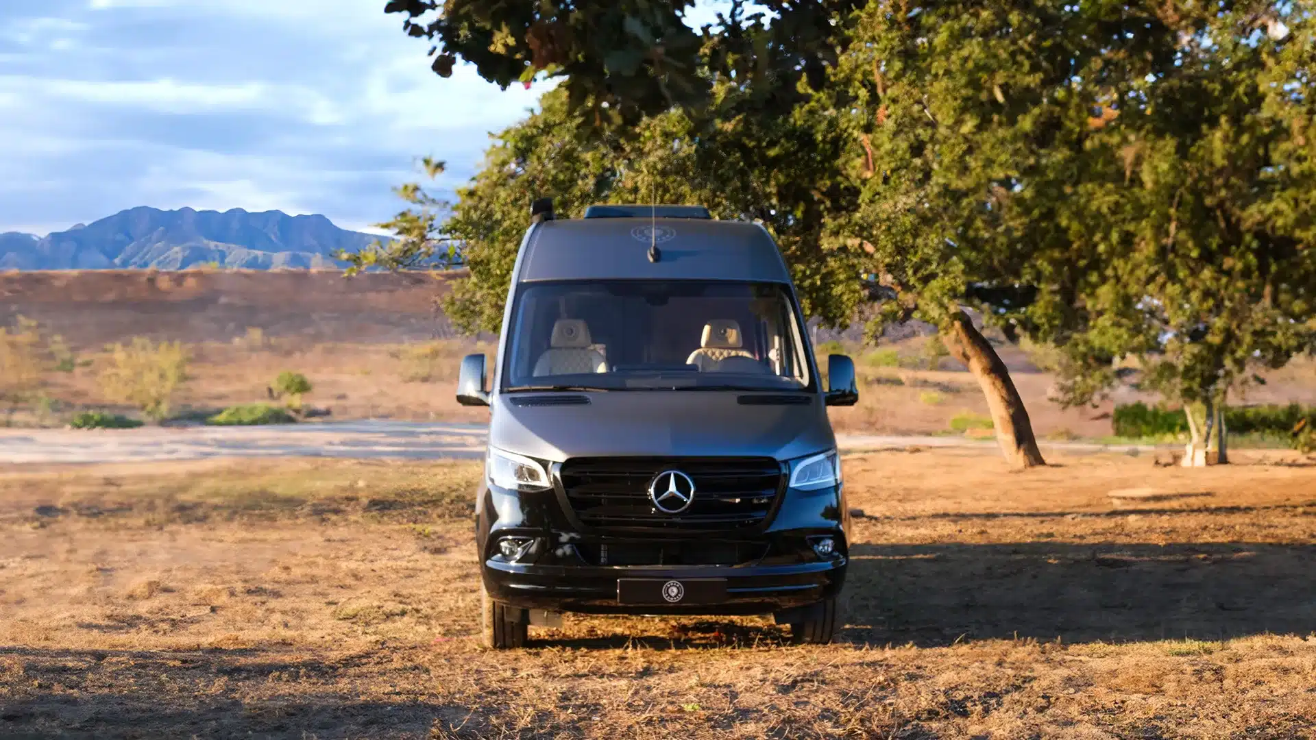 Noah Platin Line Campervan von vorne auf freiem Feld unter Bäumen