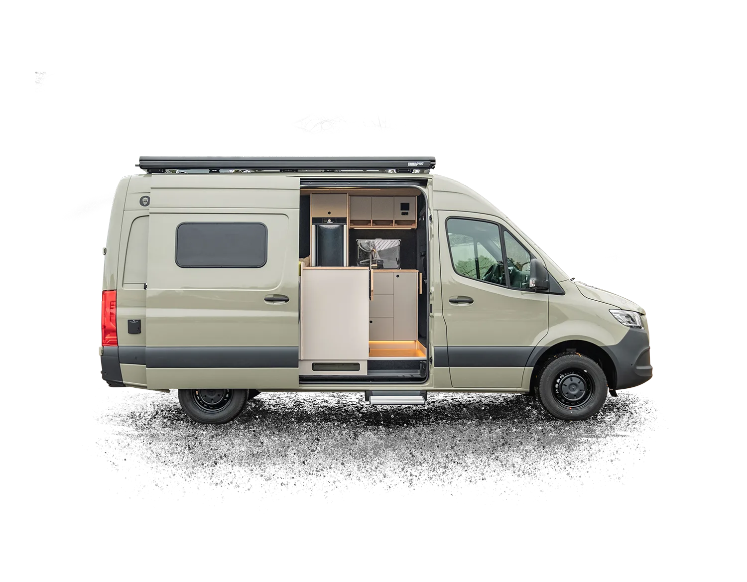 Pacific Campervan auf Basis eines Mercedes-Benz Sprinter, seitliche Ansicht mit offenem Innenraum