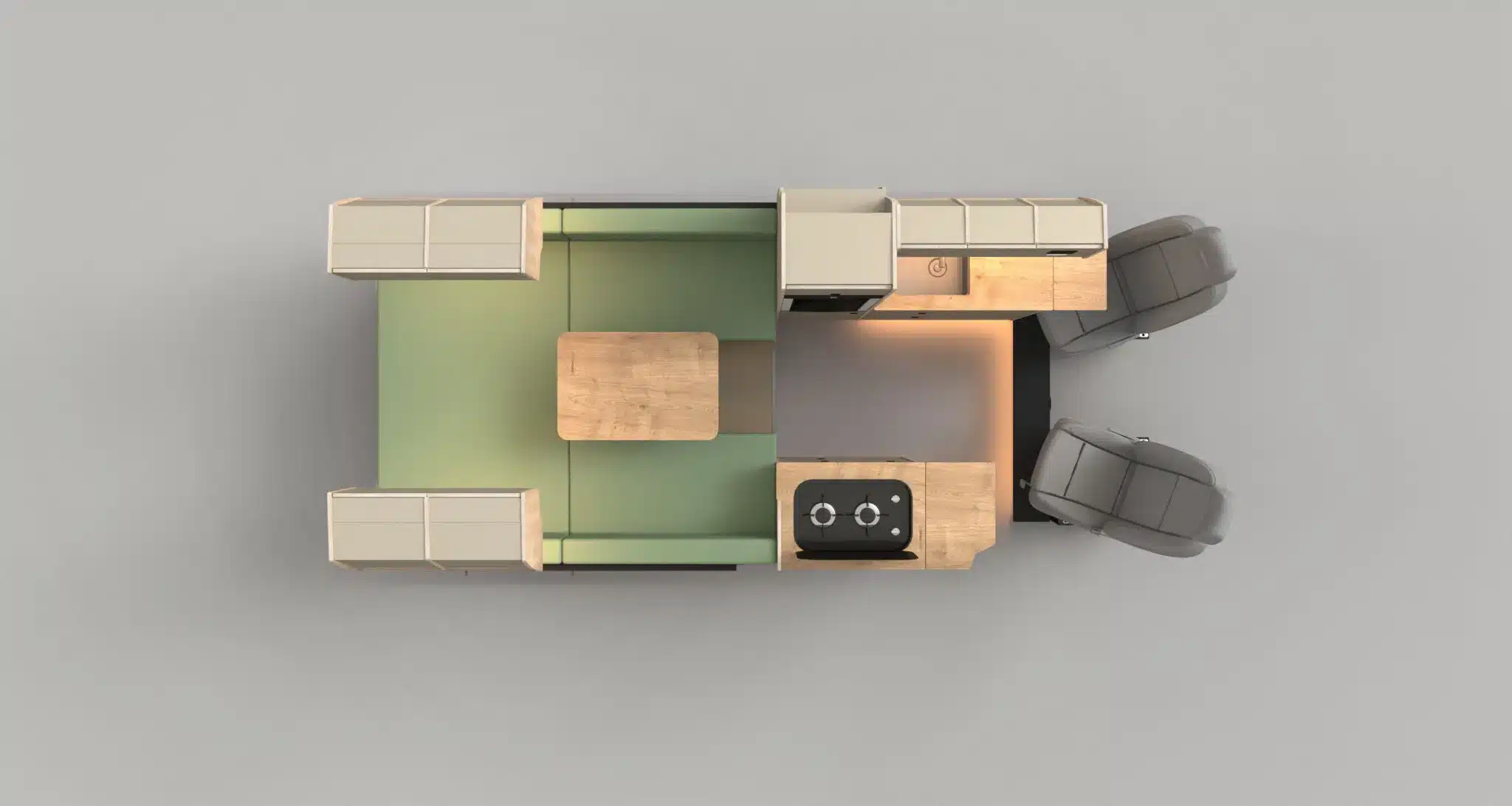 Grundriss des Pacific Camperausbaus im MB Sprinter von oben, mit Sitzgruppe, Küchenzeile und Stauraum.