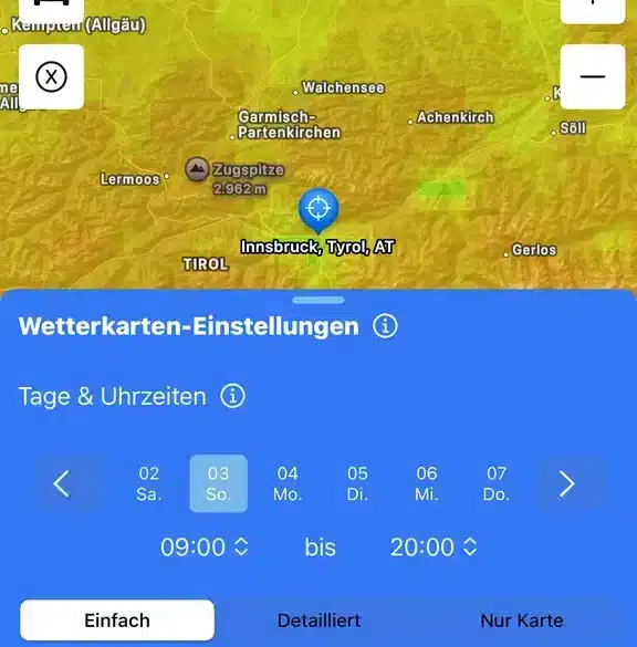 Screenshot der SunOnly-App mit Wetterkarte, Temperatur- und Bewölkungsfilter sowie Zeitauswahl für flexible Tourenplanung.