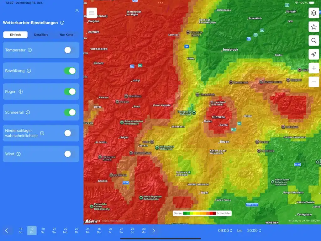SunOnly App zeigt eine farblich markierte Wetterkarte mit Temperatur-, Bewölkungs- und Niederschlagsinformationen für Südtirol und angrenzende Regionen.