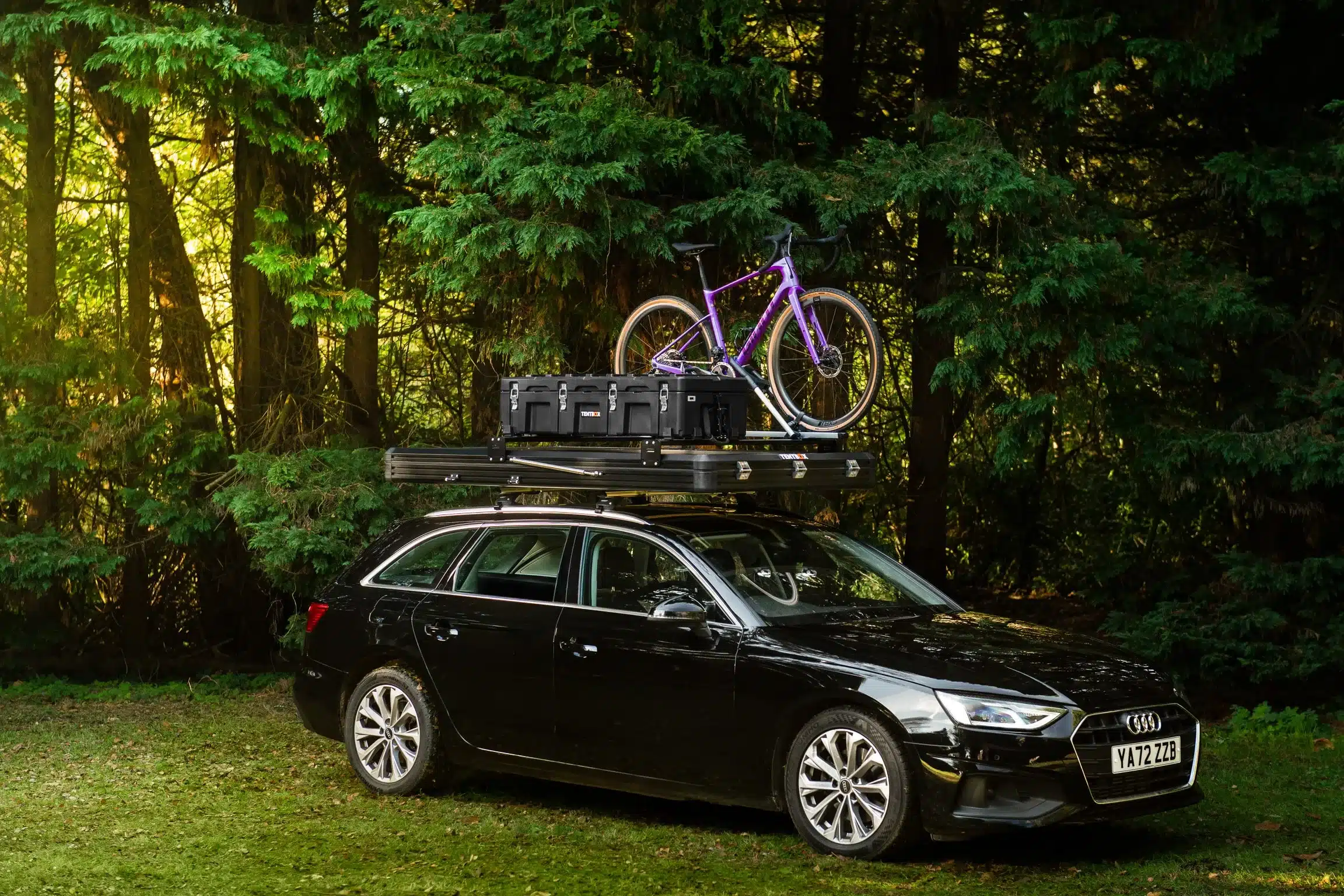 Audi-Kombi mit TentBox Cargo 2.0 Dachzelt, Transportbox und Fahrrad auf dem Dach im Grünen.
