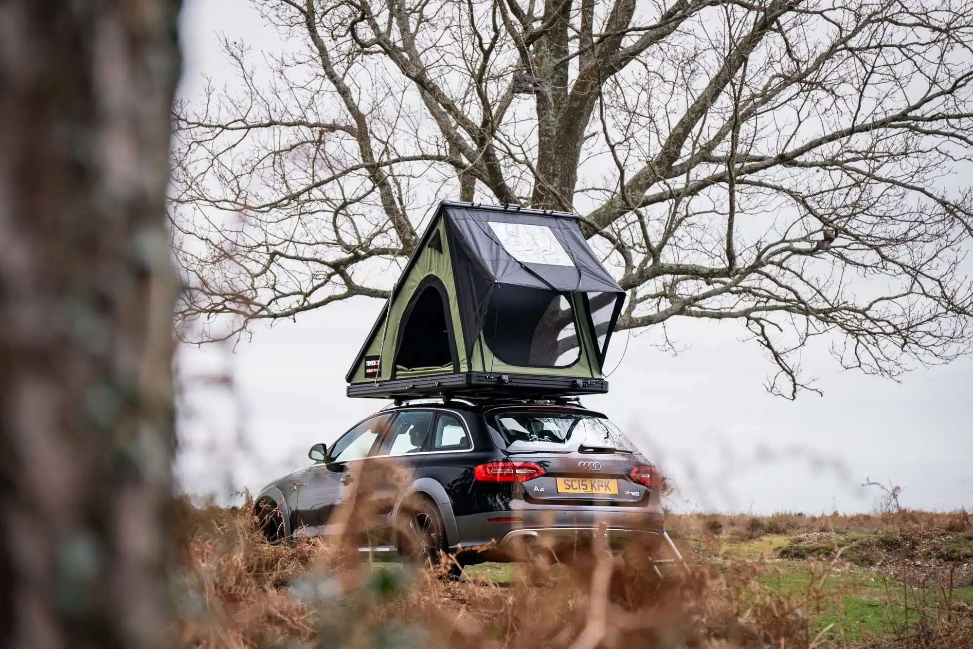 TentBox Cargo 2.0 Dachzelt aufgeklappt auf einem Audi A4 in der Natur, mit Bäumen im Hintergrund.